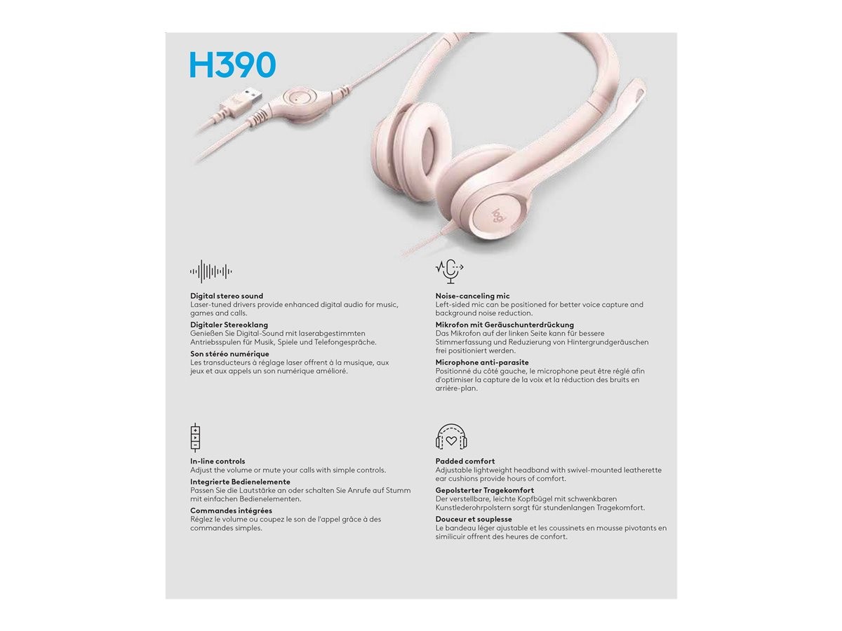 Logitech - H390 Headset med ledning til pc/laptop, stereohovedtelefoner med støjreducerende mikrofon, USB-A, ROSE