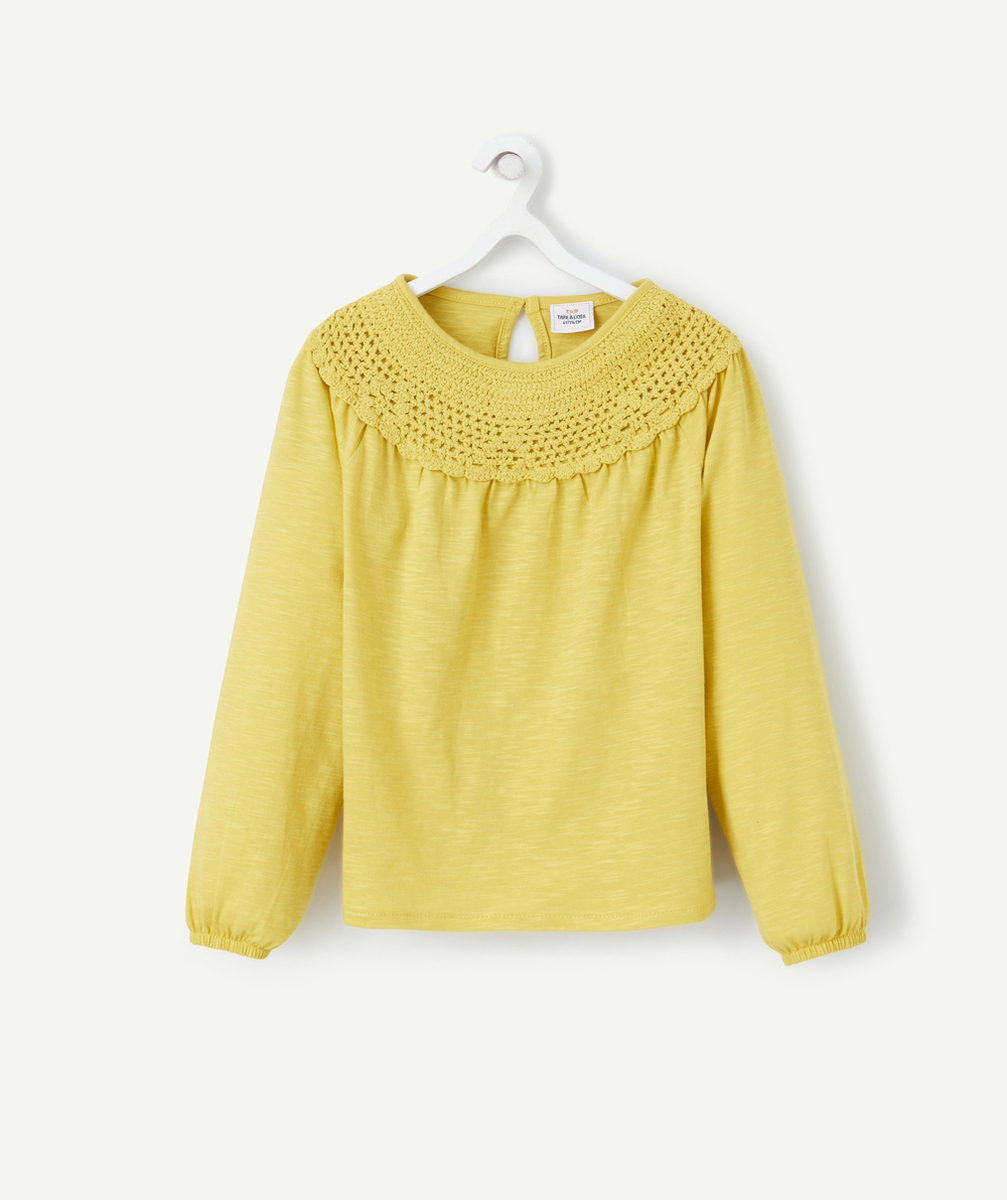 T-SHIRT MANCHES LONGUES FILLE JAUNE AVEC DÉTAILS EN CROCHET