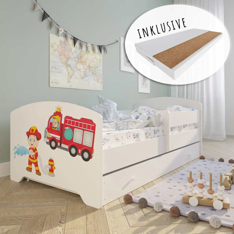 Kids Collective Kinderbett 70x140 | 80x160 cm mit Matratze und Schublade, Rausfallschutz Feuerwehr Motiv