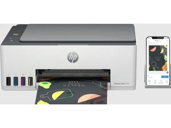 HP Smart Tank 5105 All-in-One - Multifunktionsprinter - farve - blækprinter - kan genopfyldes - Legal (216 x 356 mm) (original) - A4/Legal (medie) - op til 10 spm (kopiering) - op til 12 spm (udskriver) - 100 ark - USB 2.0, Wi-Fi(n), Bluetooth - lys