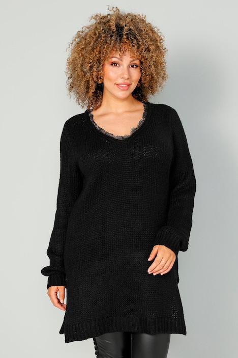 Long-Pullover, V-Ausschnitt mit Spitze
