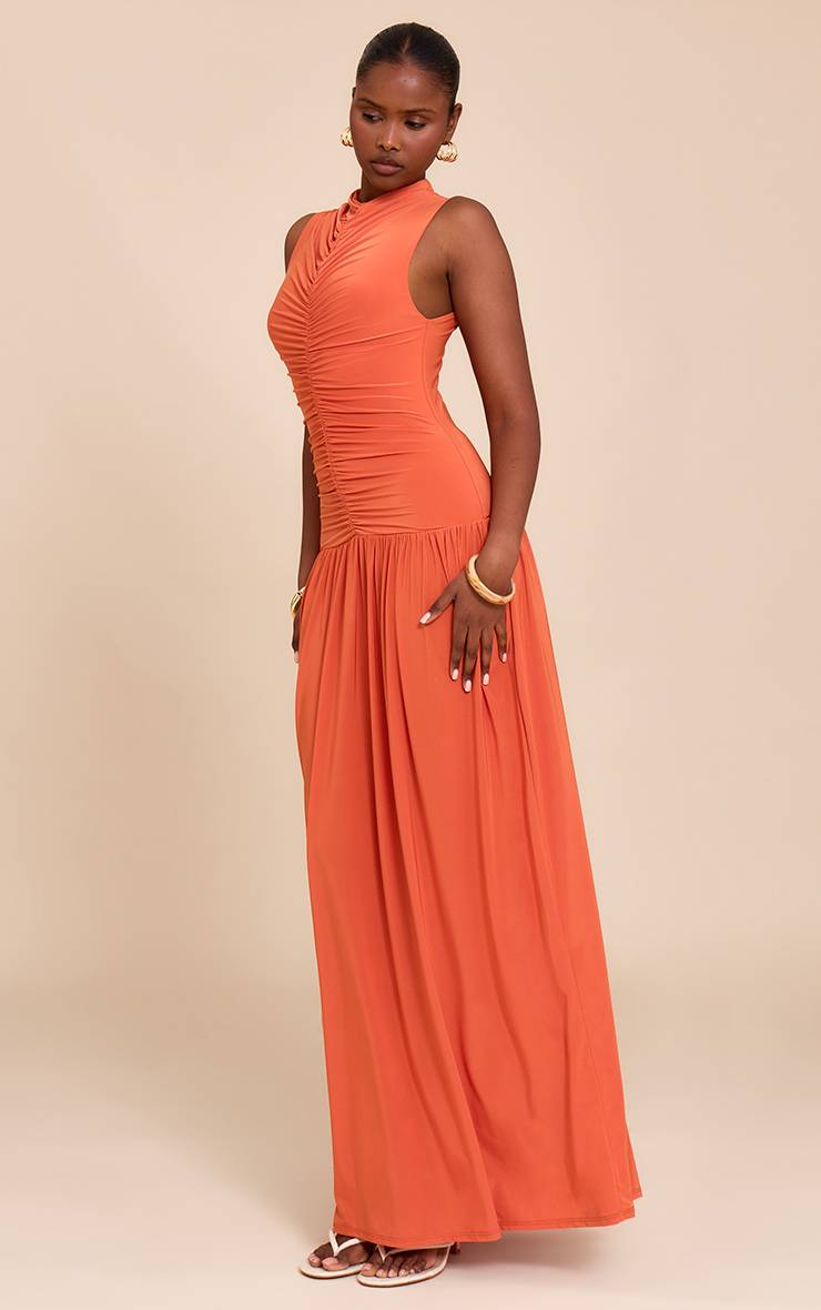 Orange Robe Longue Maxi À Taille Basse Froncée Double Couche Toucher Doux