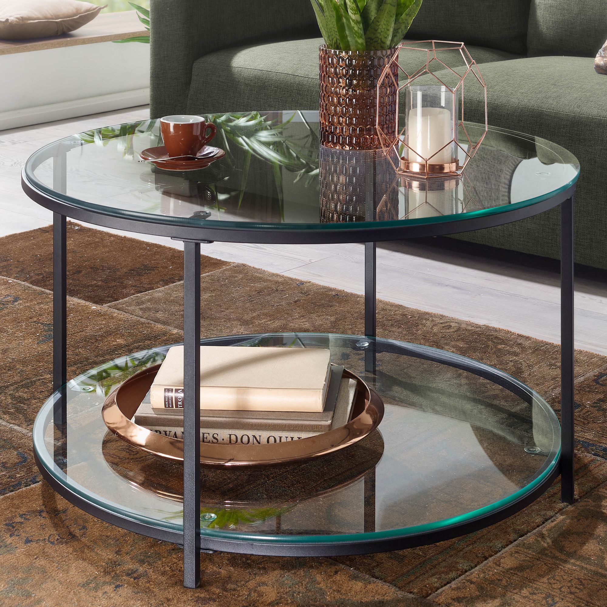 KADIMA DESIGN Couchtisch TREBBIA: Glas-Metall Mix, 2 Ablagen, 80x80x45 cm, Marmoroptik, stabil.