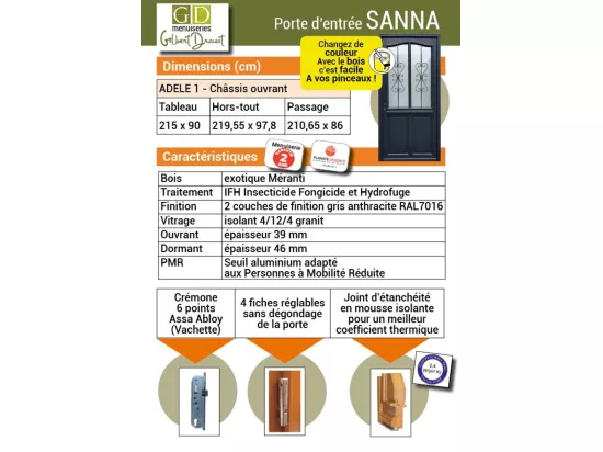Porte D'Entrée Bois Vitrée, Sanna, H,215Xl,90 P, Droit Cote Tableau