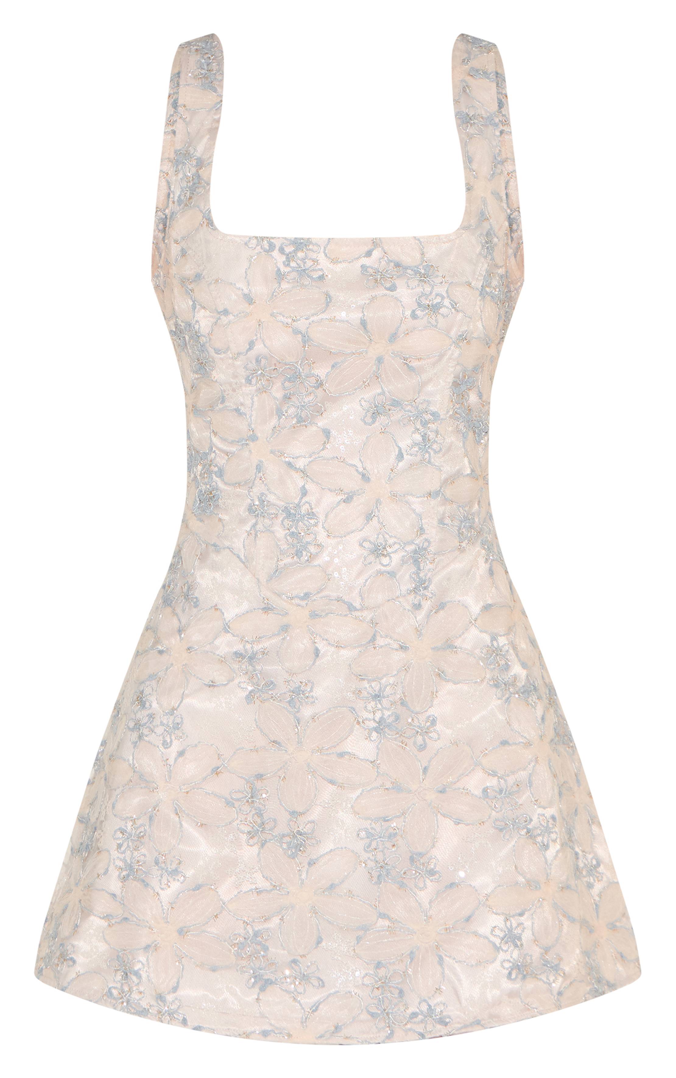 Bleu Robe Droite En Jacquard Floral