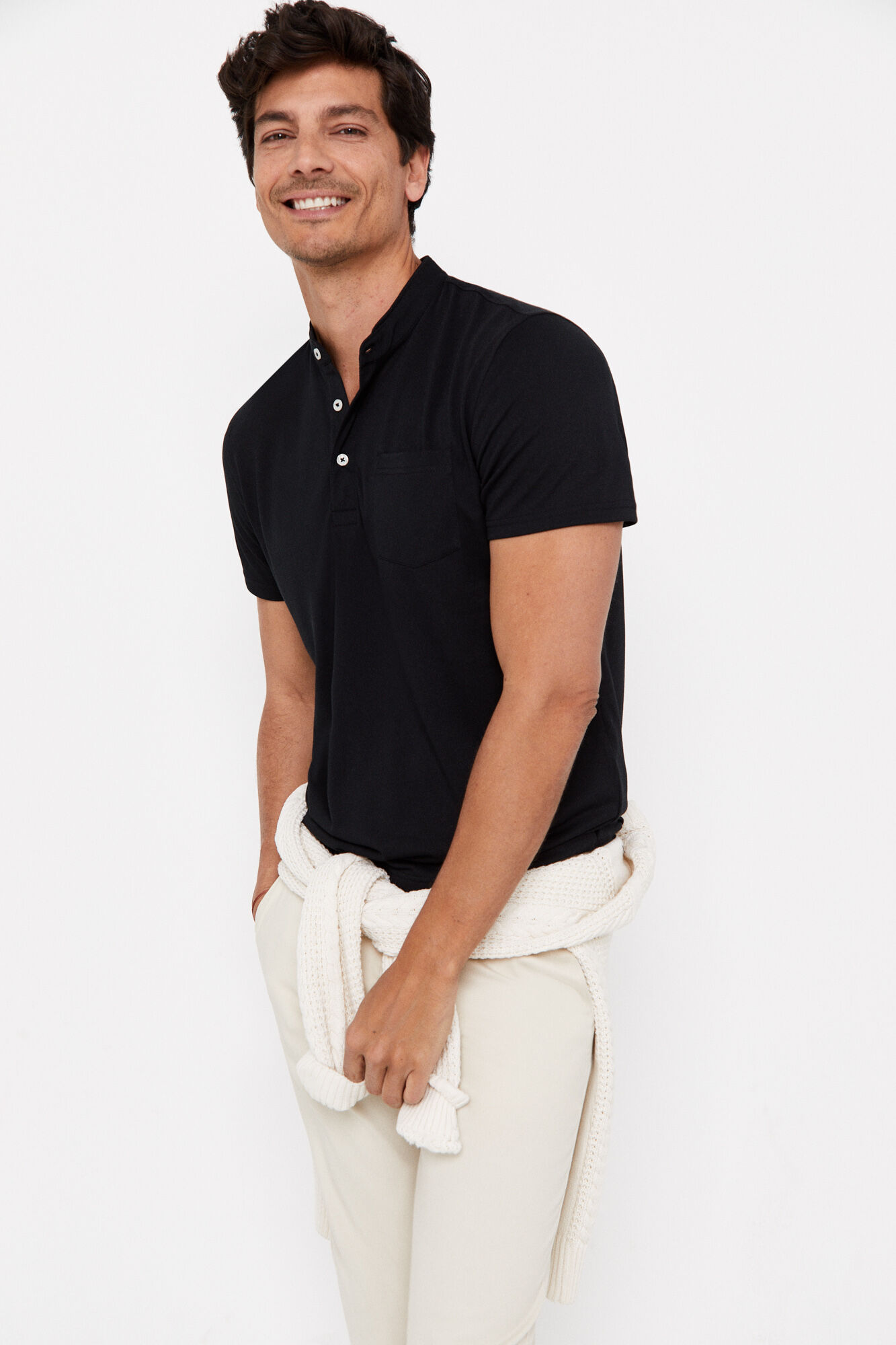 Camisa polo Coolmax com gola mandarim - Preta