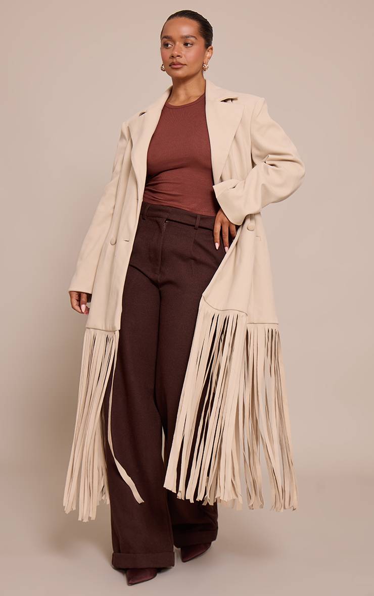 Crème Blazer Shape Aspect Laine Taille Cintrée Ourlet À Franges
