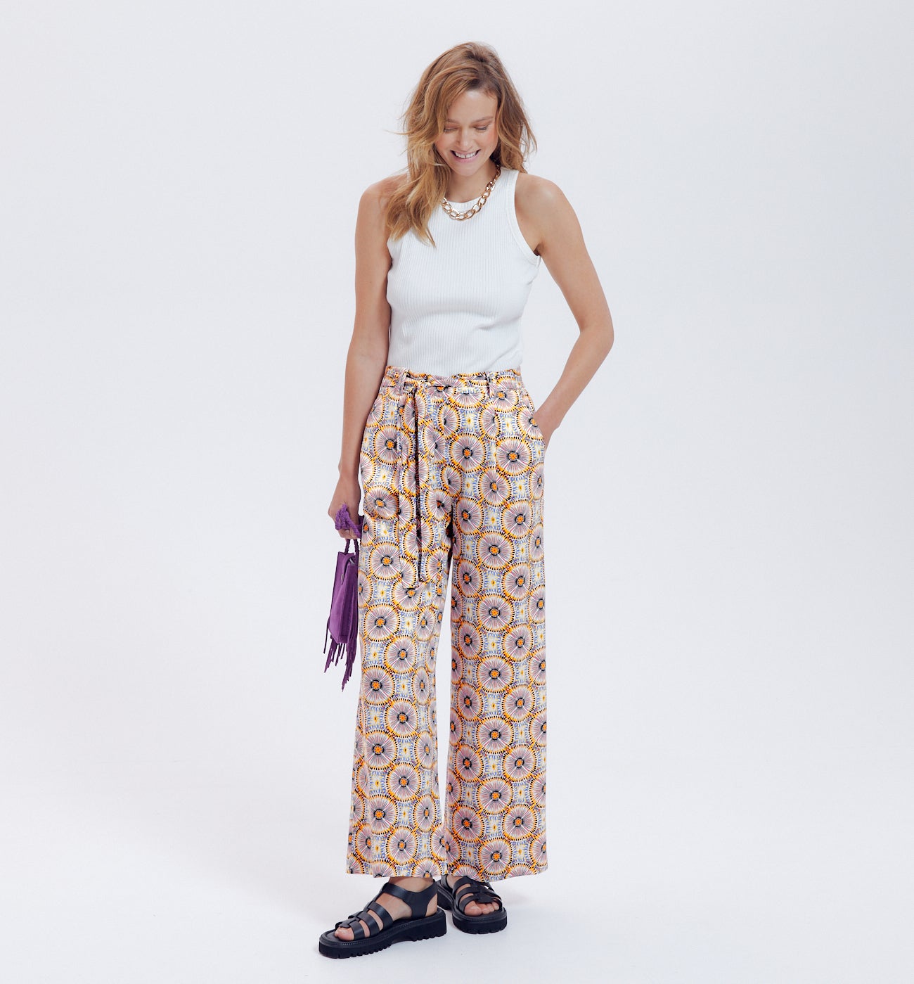 Pantalon large femme - Imprimé écru