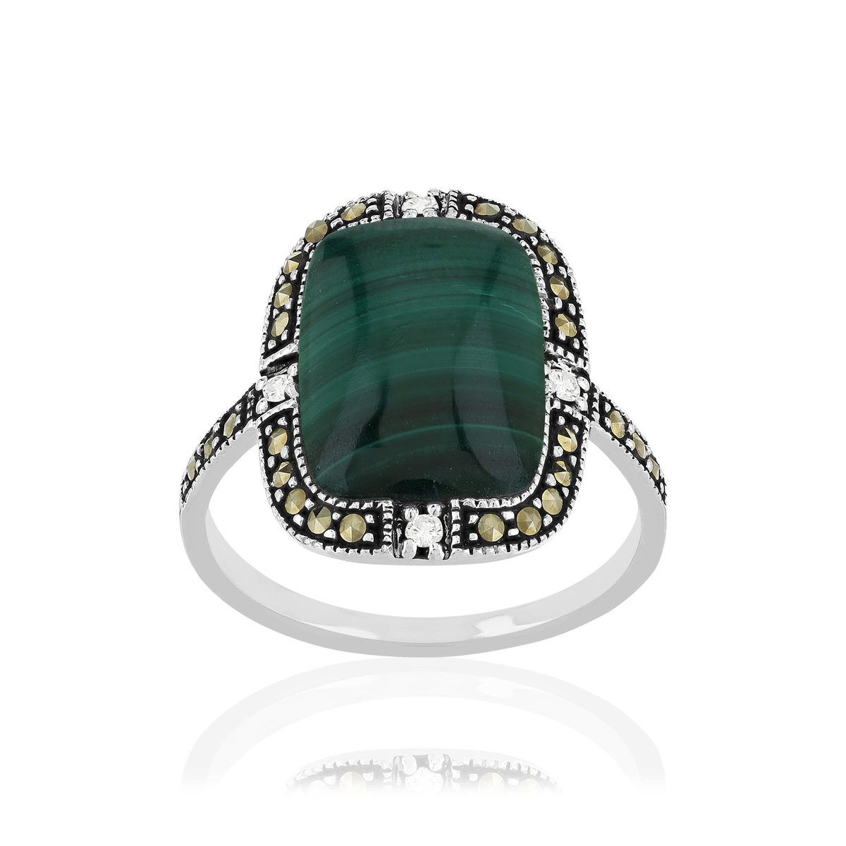 Bague argent malachites marcassites et ziconias