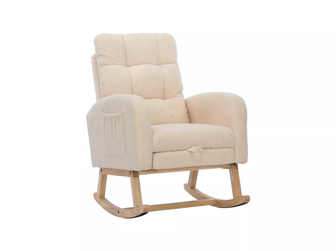 Fauteuil à bascule en velours teddy avec repose-pièds et accoudoirs - 132 x 50 x 99 cm - Structure en bois massif - Beige