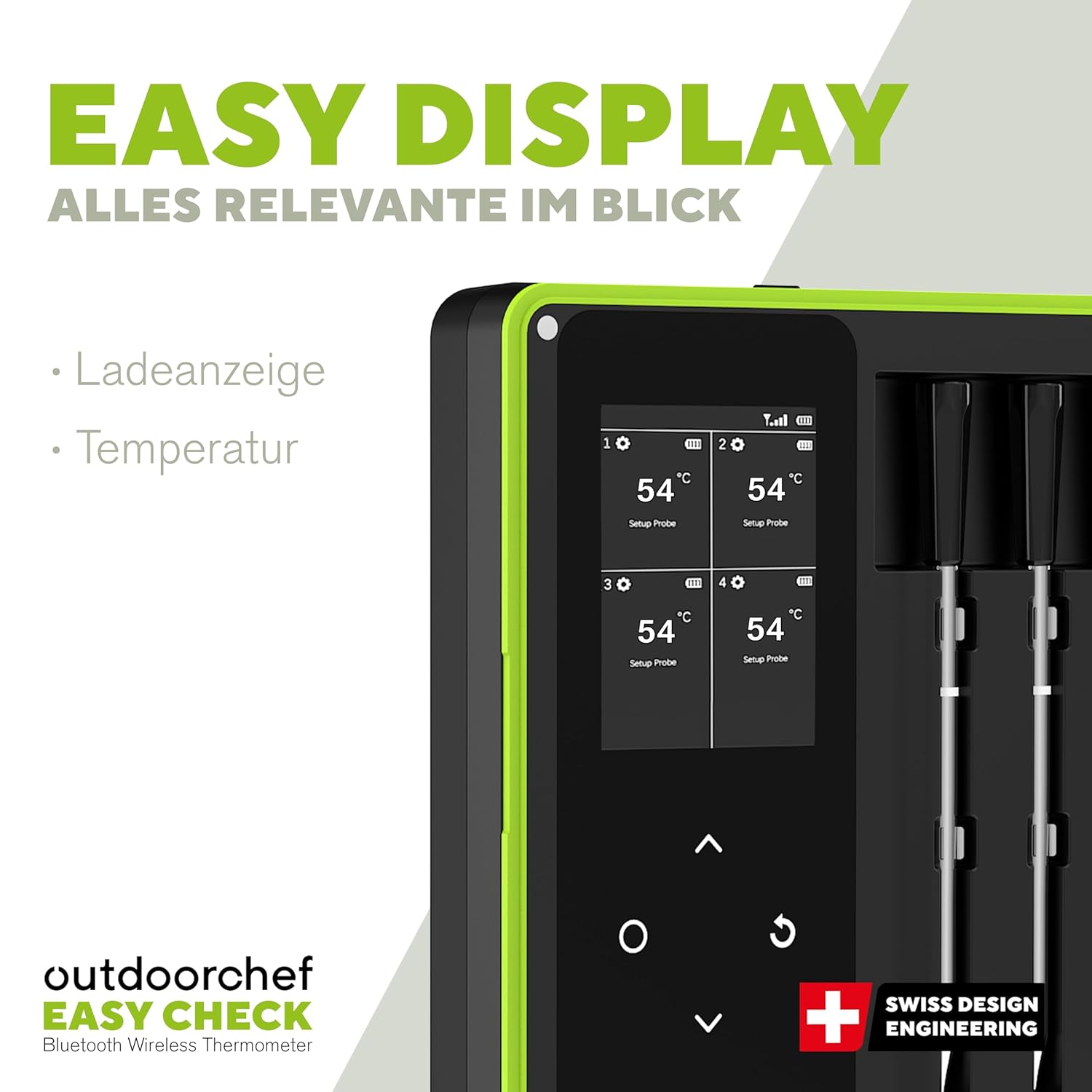 Outdoorchef Easy Check Thermometer Quadro – Wireless Bluetooth BBQ‑Thermometer mit App, 4 Fühler, 200m Reichweite, spülmaschinenfest, inkl. magnetischer Dockingstation