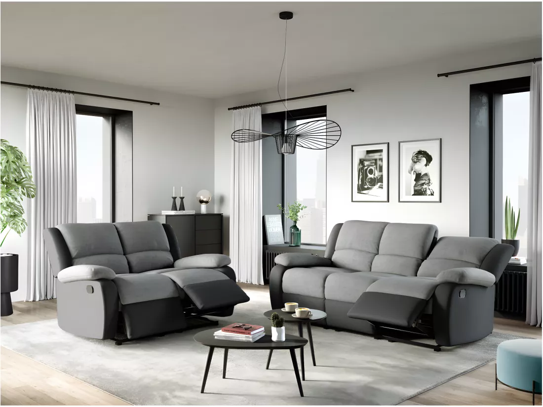 Canapé Relaxation 3 places Microfibre et Simili Léo - Gris et Noir - L193 x 93 x 96cm - Loungitude