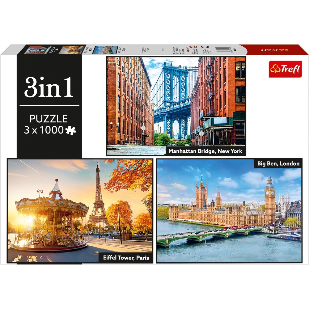 3-in-1-Puzzle-Set mit 1000 Teilen: London, New York und Paris
