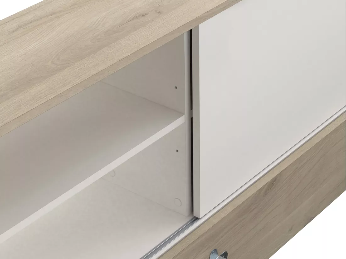 Lit modulable 90 x 190/200 cm avec rangements - Blanc et naturel + Sommier + Matelas - LIARA