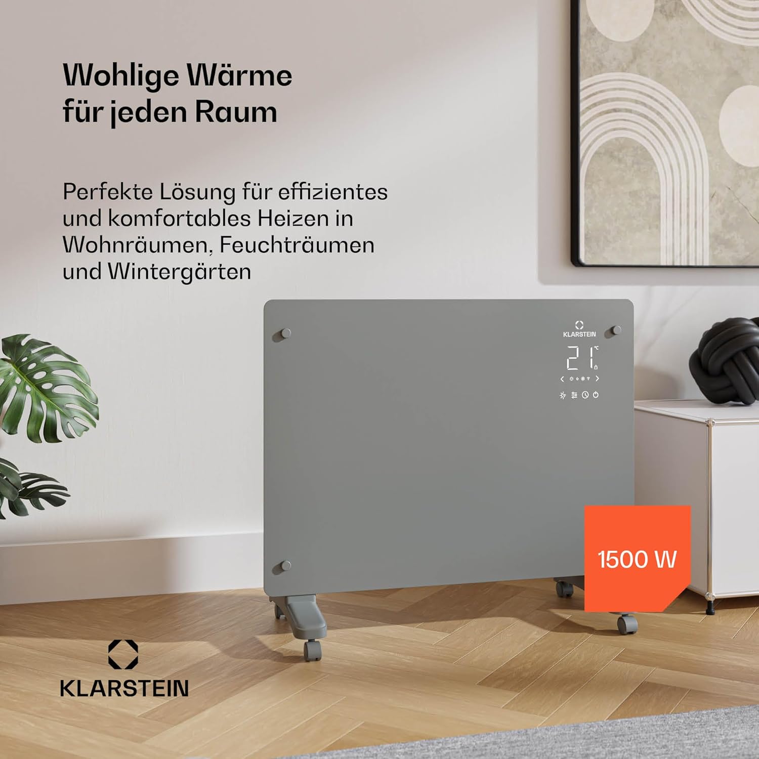 Klarstein Bansin Crystal Smart Konvektorheizung – 1500 W, Wandmontage/Freistehend, Led-Anzeige, App-Steuerung, Energieeffizient, Überhitzungs- und Frostschutz, Kindersicherung, Ideal für Wohnzimmer