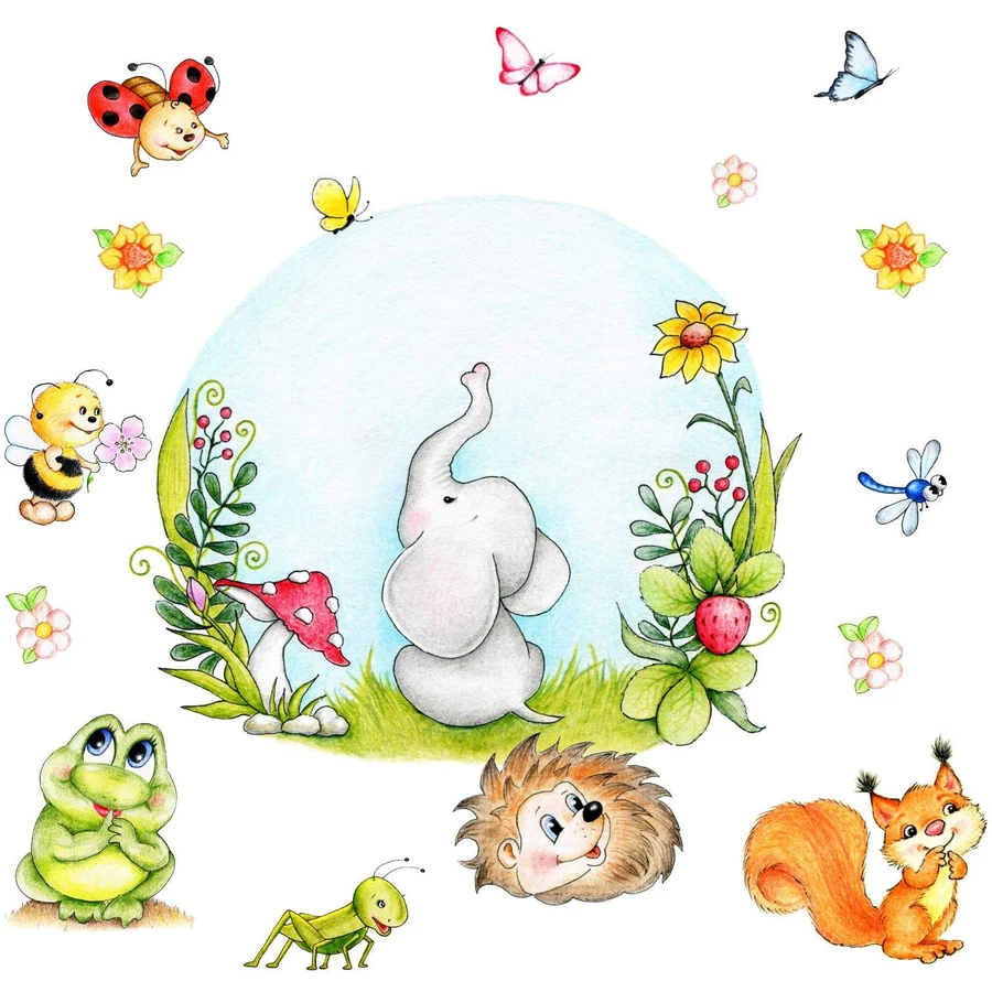Nikima Wandtattoo 122 niedliche Tiere Igel Frosch Marienkäfer bunt