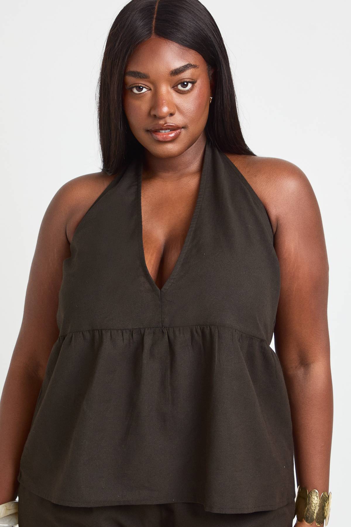 boohoo Ensemble Grande Taille Top Dos Nu Plissé Effet Lin Et Pantalon