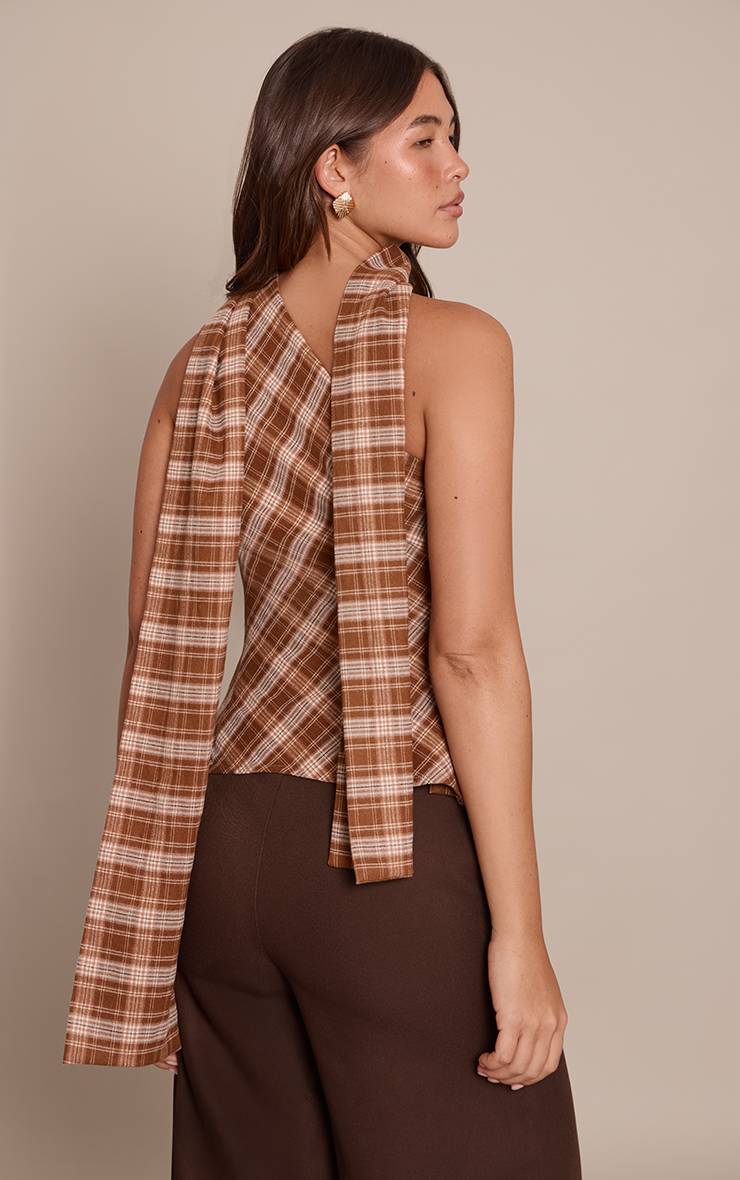 Marron Haut À Détail Foulard Asymétrique À Carreaux