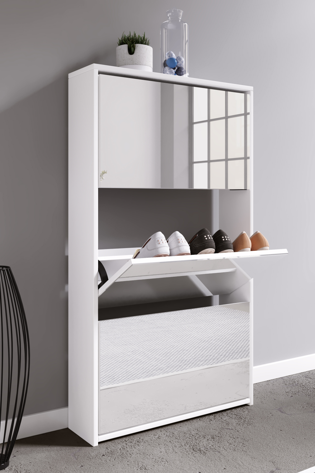 Schuhschrank STIDO XL - weiß - Frontspiegel - 63 cm