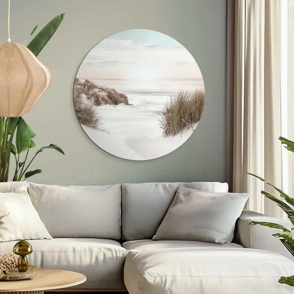 Glasschilderij Horizon aan het strand - Ø 70cm - Beige