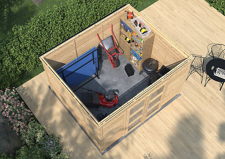 Abri de jardin Shelty+ Modern en bois massif ep 28 mm Forest style surface extérieure 9.2 m²
