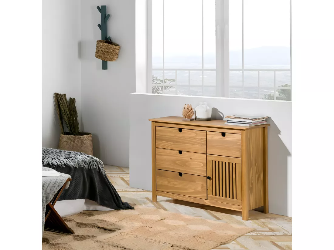 MALIA - Commode 4 Tiroirs 1 Porte Bois Ciré