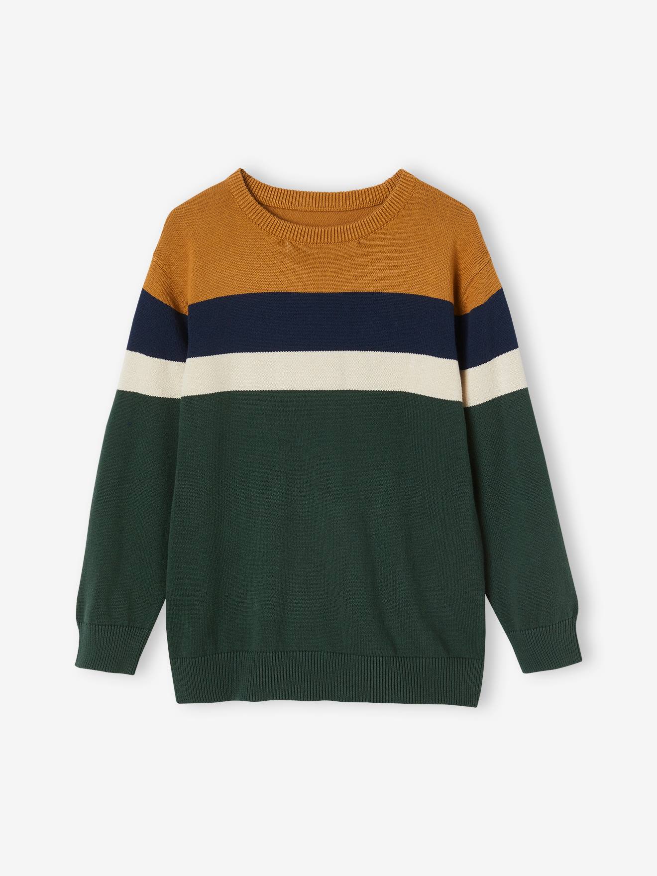 Suéter de malha fina com listras largas para meninos, bege claro, liso com estampas.