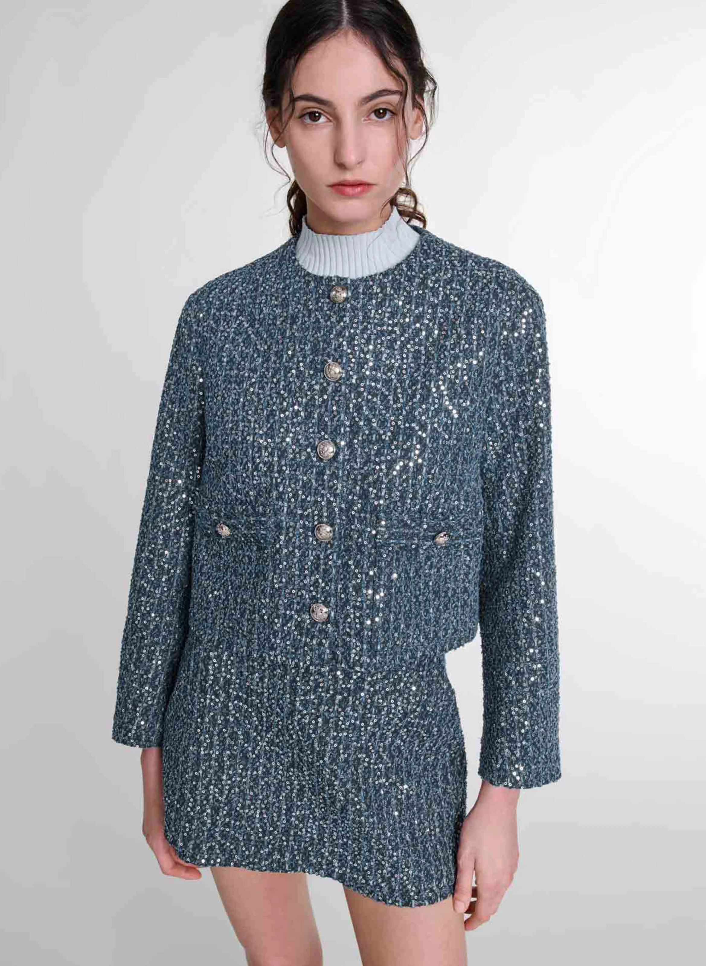 Veste courte effet tweed à sequins | Bleu