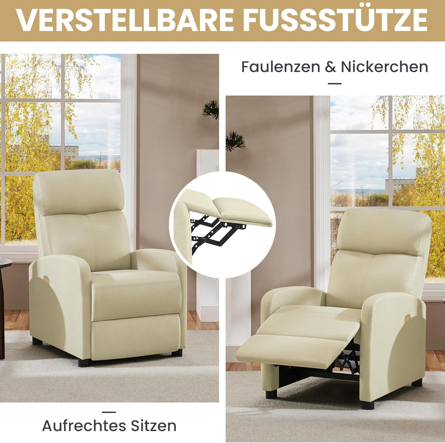 Yaheetech Relaxsessel Fernsehsessel Einzelsofa Ruhesessel mit Verstellbarer Beinablage Liegesessel aus Leinenstoff Beige