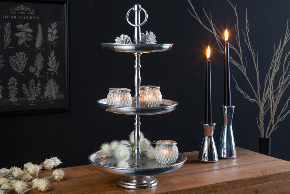 Design Etagere ORIENT 50cm silber im Wild Hammerschlag mit drei Etagen