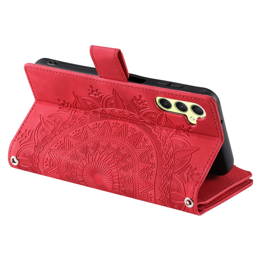 Samsung Galaxy A55 Leder Tasche Flip Cover mit Reissverschluss - Mandala Flowers Imprint - Rot