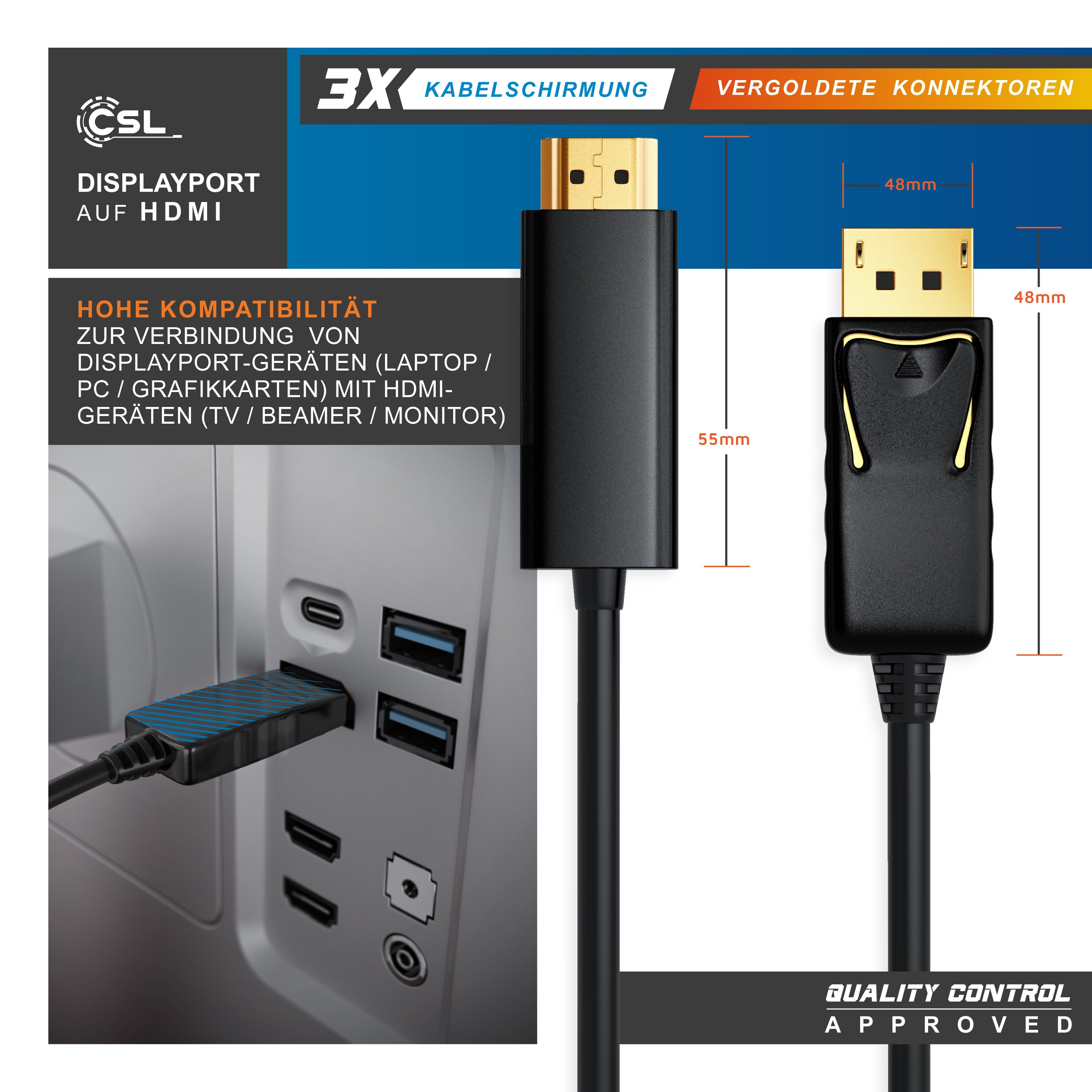 CSL DisplayPort zu HDMI Audio- & Video-Kabel, DP Monitor Kabel mit Audioübertragung - 3m