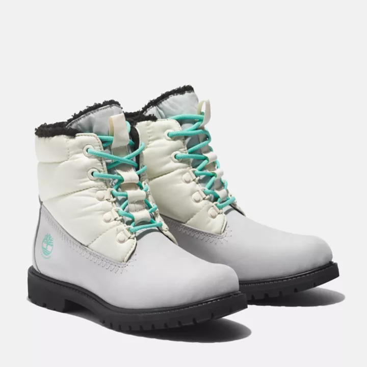 Bota Timberland Premium de 15 cm (6 polegadas) estilo puffer para mulheres, na cor cinza.