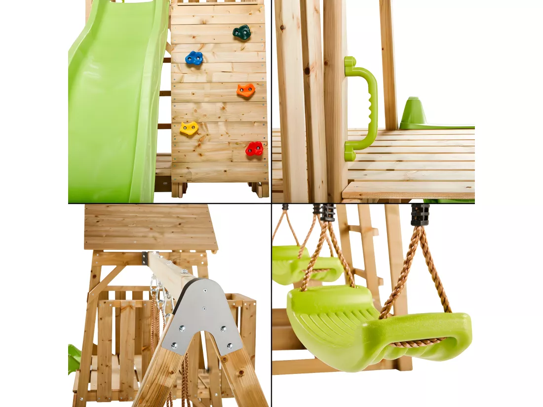 KANGUI Aire de jeux portique en bois WOODI - Double balançoire, toboggan, mur d'escalade, bac a sable, table pique nique, cabane, échelle