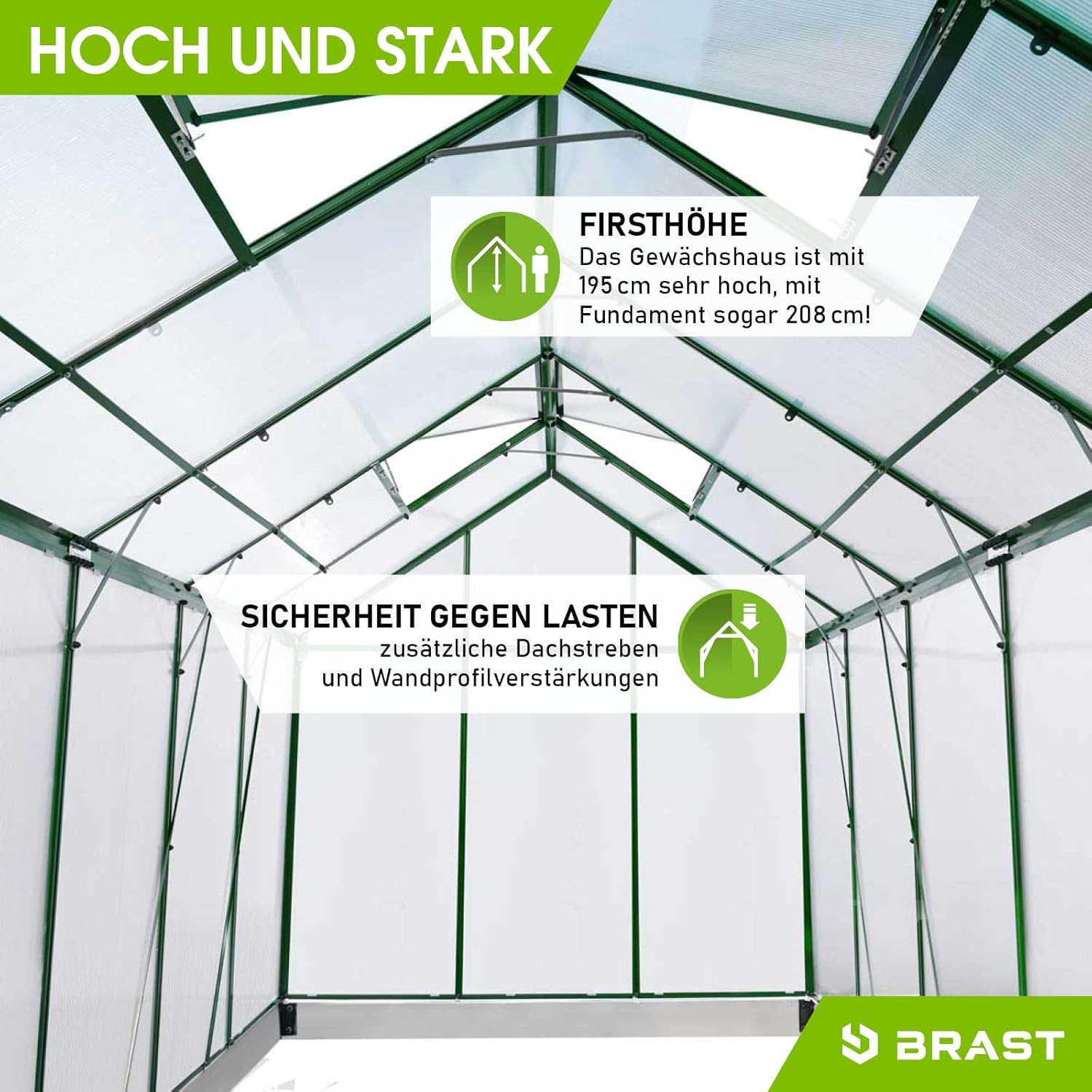 BRAST Gewächshaus Aluminium mit Fundament | 42 Modelle | 130x190x195cm - 490x250x235cm | TÜV geprüft | 6mm Hohlkammerplatten | rostfrei wetterfest temperaturbeständig | 380x190x195cm Grün