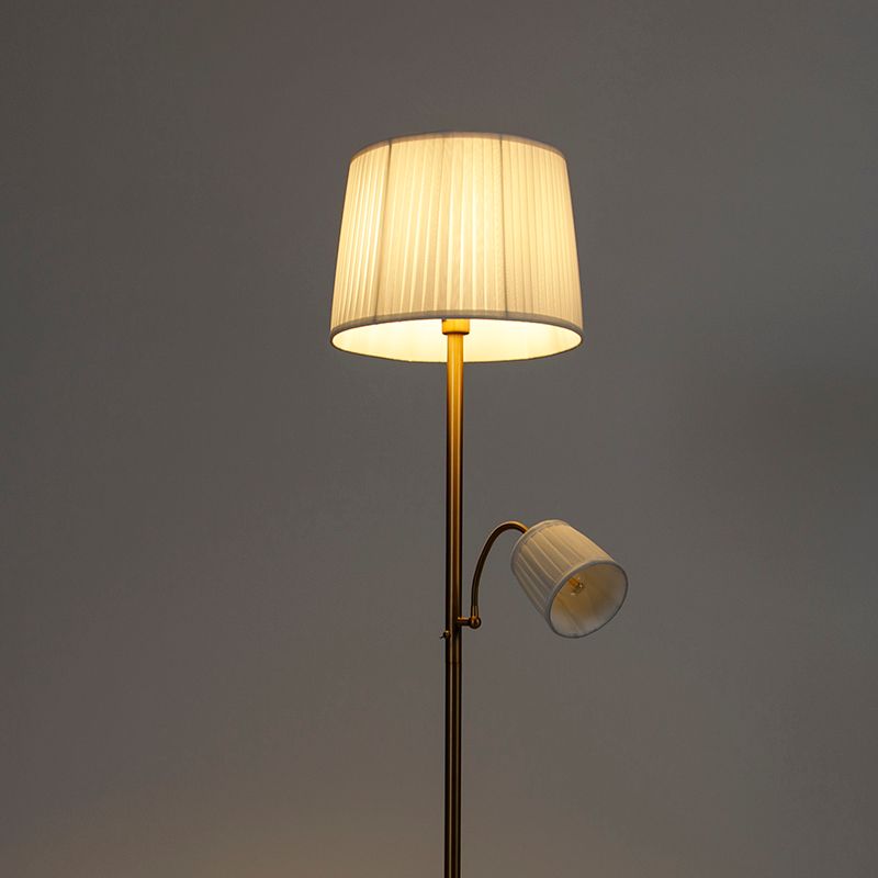 Klassieke vloerlamp brons stoffen kap wit met leeslamp - Retro