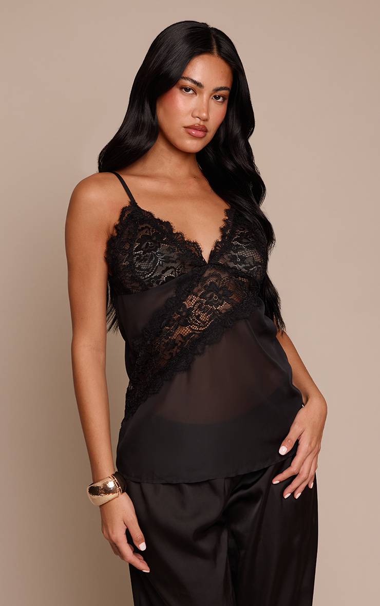Noir Caraco En Mousseline De Soie Et Dentelle