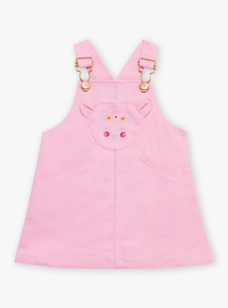 Salopette rose en twill à poche brodée oreilles de chat 3D