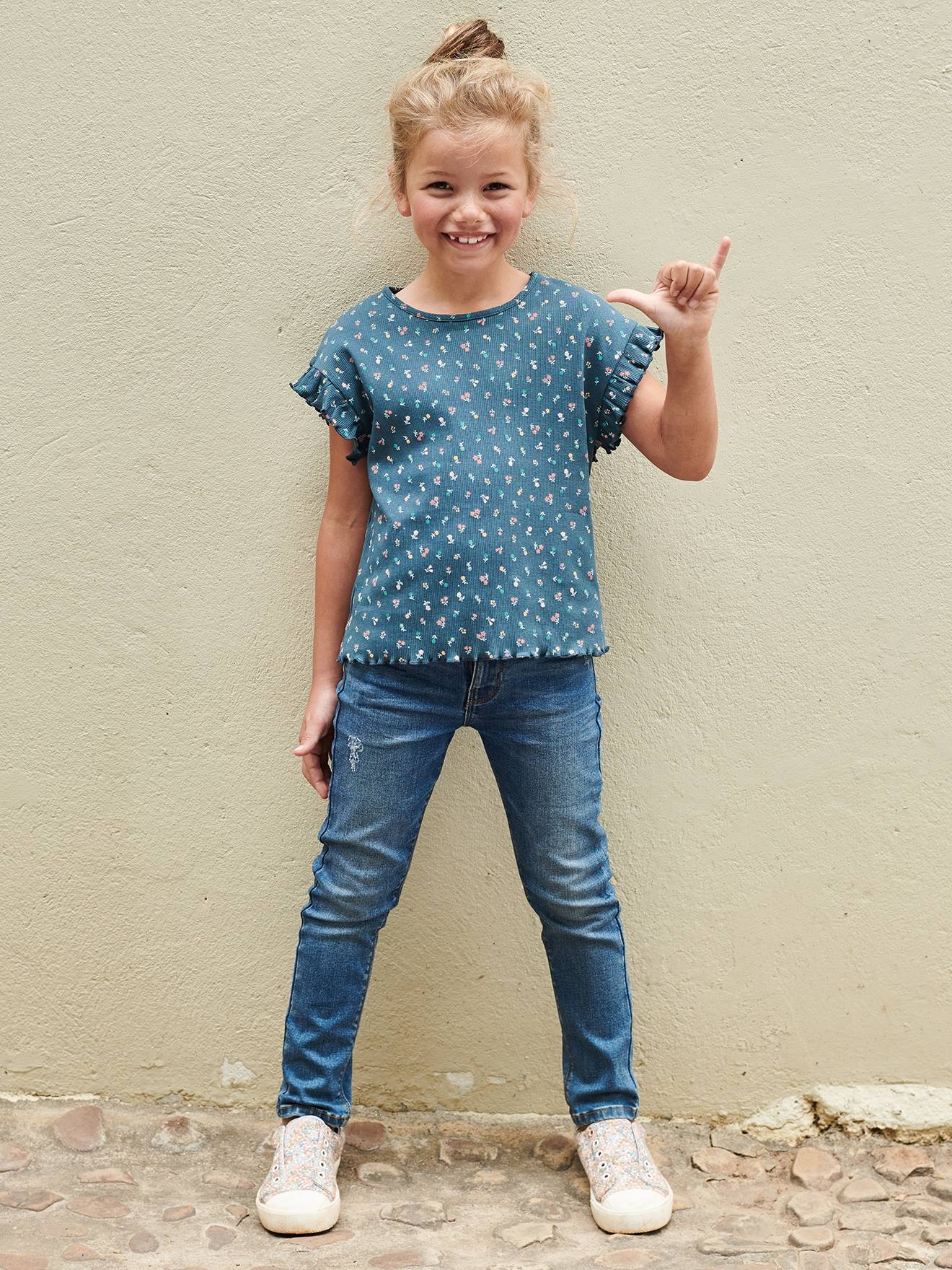 Camiseta canelada com estampa floral para meninas, cor cru