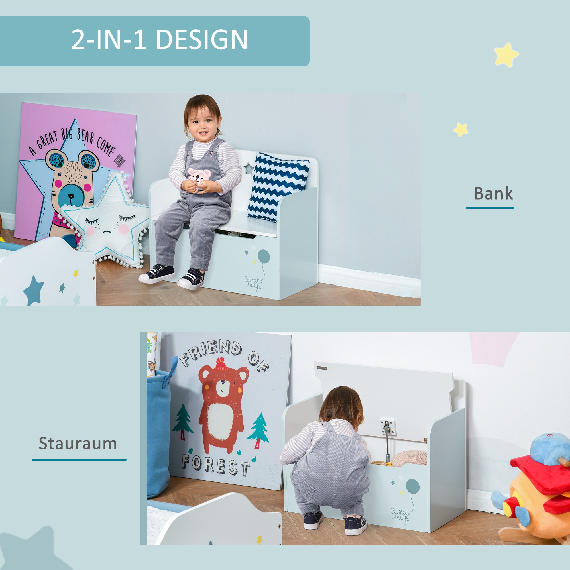 HOMCOM Kinderbank mit Stauraum hellblau 60 x 30 x 50 cm (LxBxH)