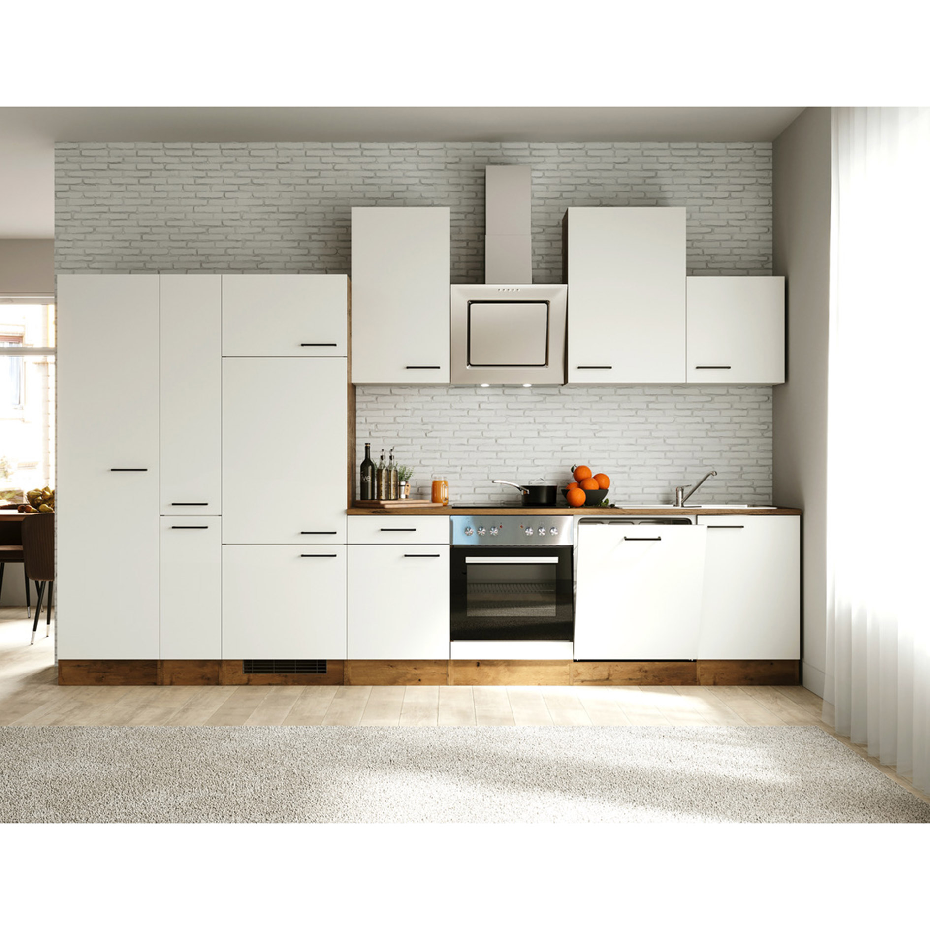 Küchenblock VINTEA - Magnolia matt - Lancelot Oak - mit E-Geräten - 360 cm