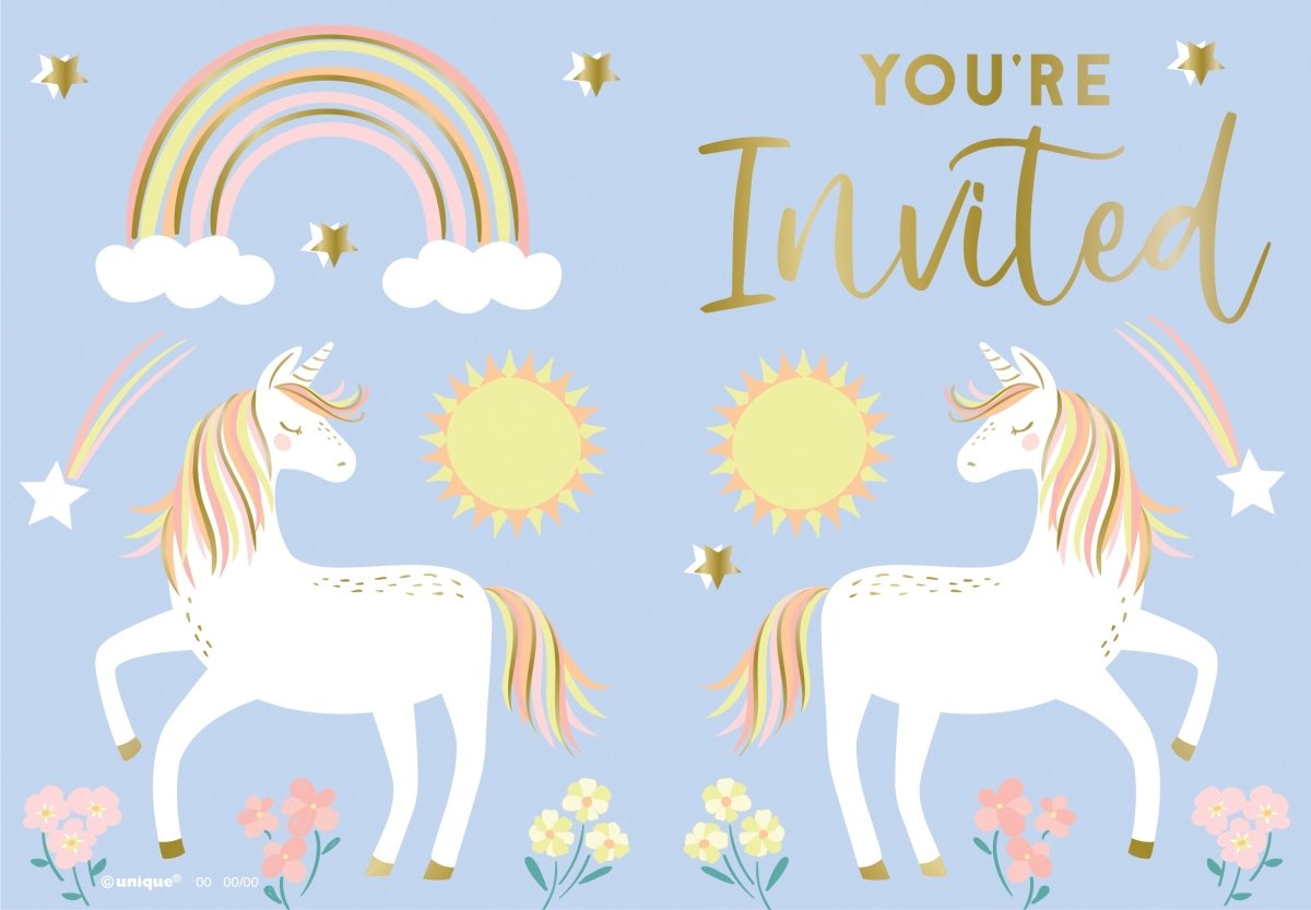 Unicorn Uitnodigingen Blauw/Goud 8st