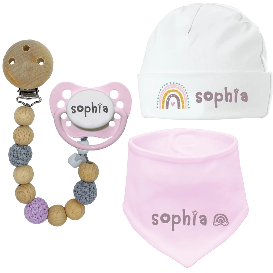 Schnullireich Geschenkset mit Namen zur Geburt Rose Rainbow 4-Tlg. Rosa