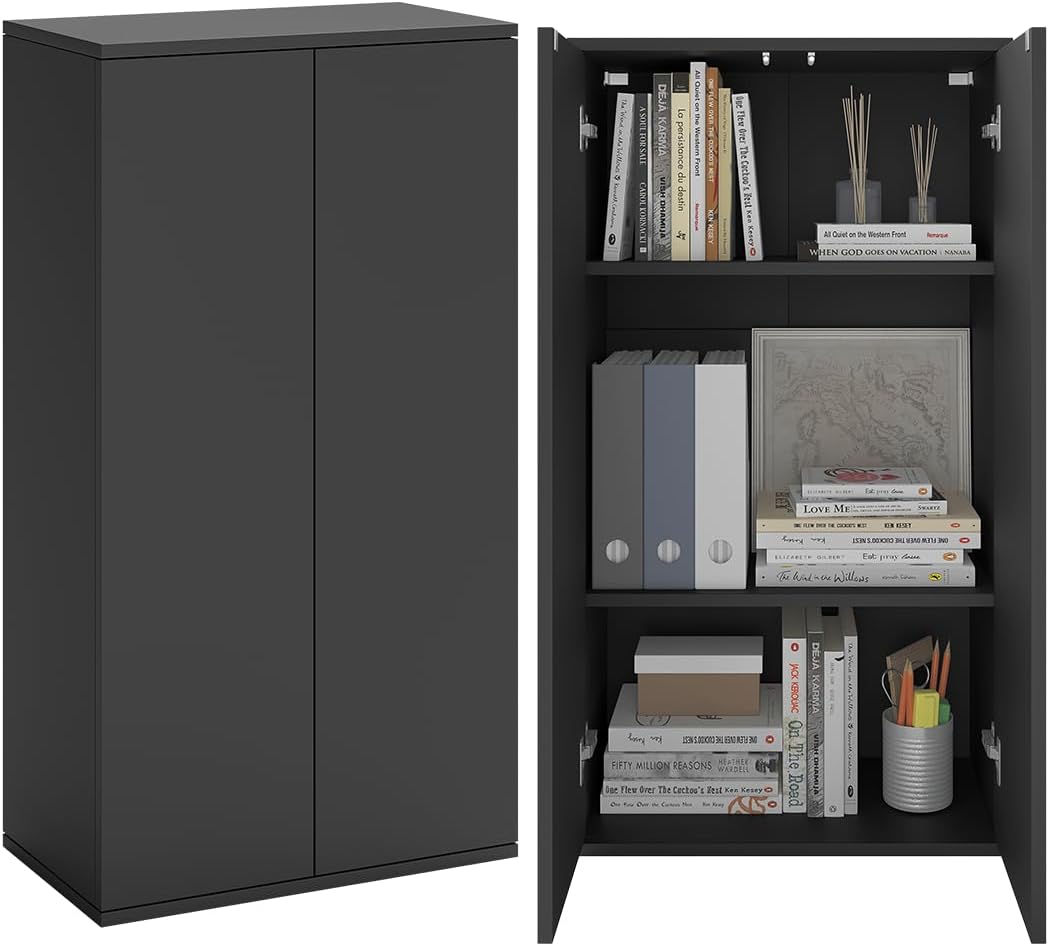 Bellamio Ais Mehrzweckschrank 60 cm breit – Haushaltsschrank Anthrazit mit 3 Fächern – schmaler Aktenschrank – Allzweckschrank 110×60×33 cm – Hängeschrank/Büroschrank – Schuhschrank Push-to-Open