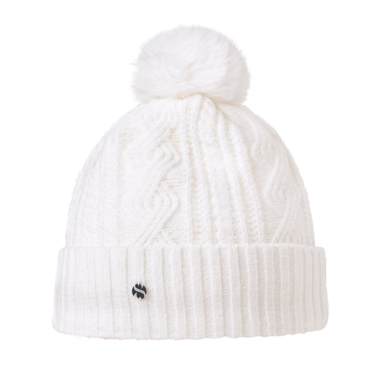 Strickmütze mit Zopfmuster und Kunstfellbommel