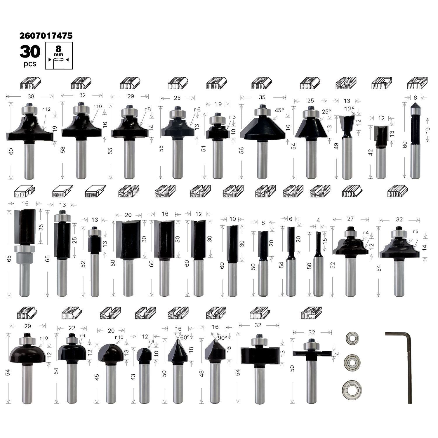 Bosch Professional 30-delige Frezenset met 8mm schacht - 2607017475