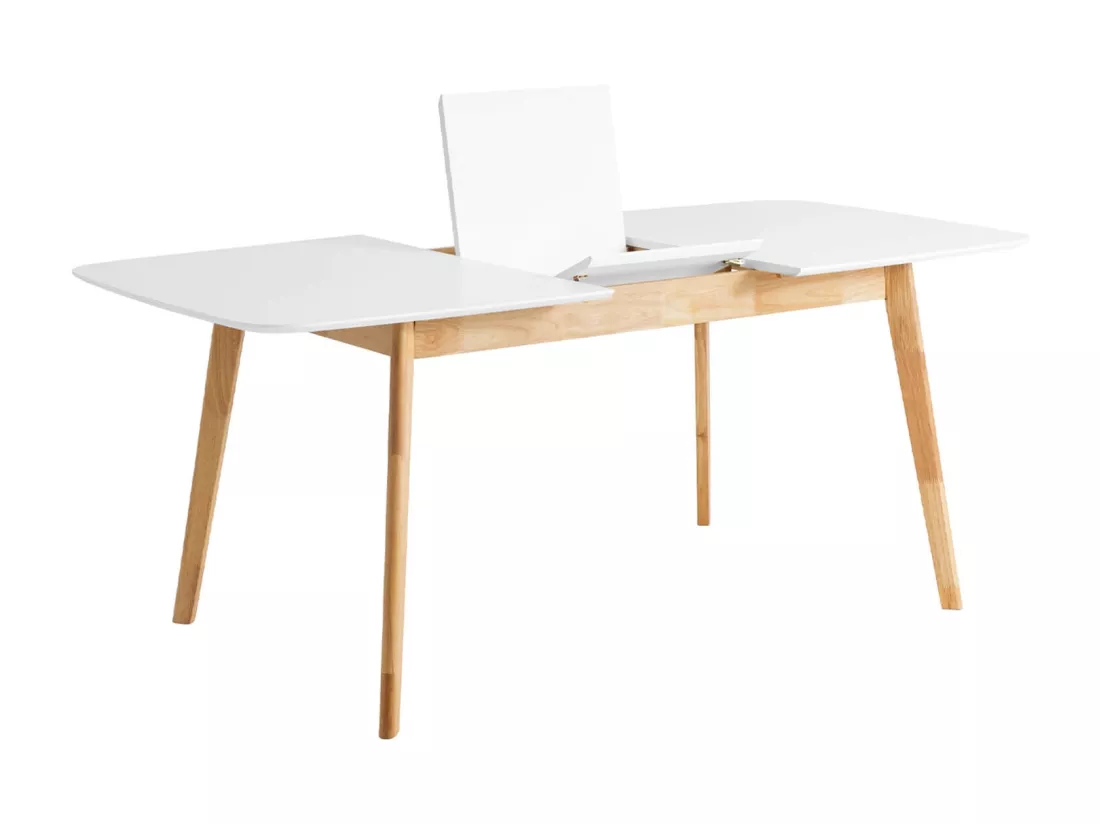 Table rectangulaire extensible scandinave blanc brillant et pieds bois clair Askin 140 à 180cm