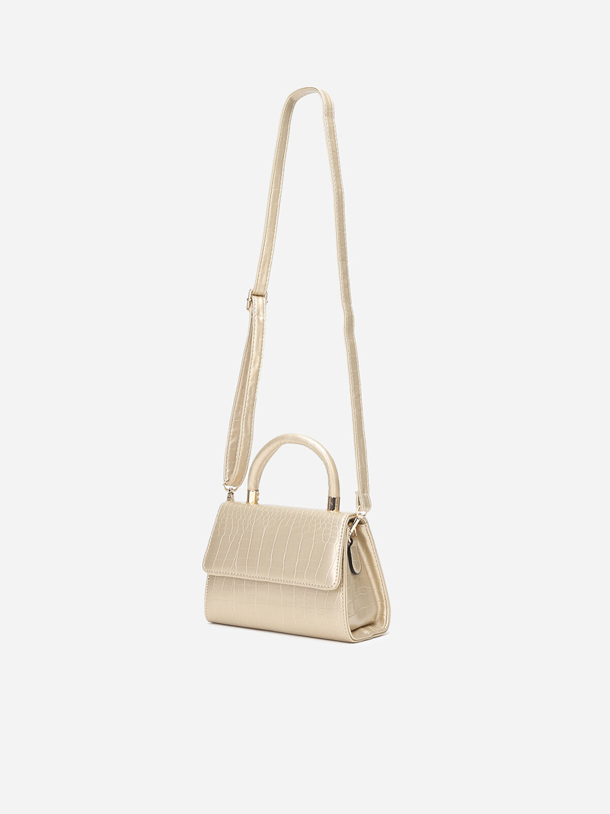 Sac à main effet croco verni avec rabat- Doré