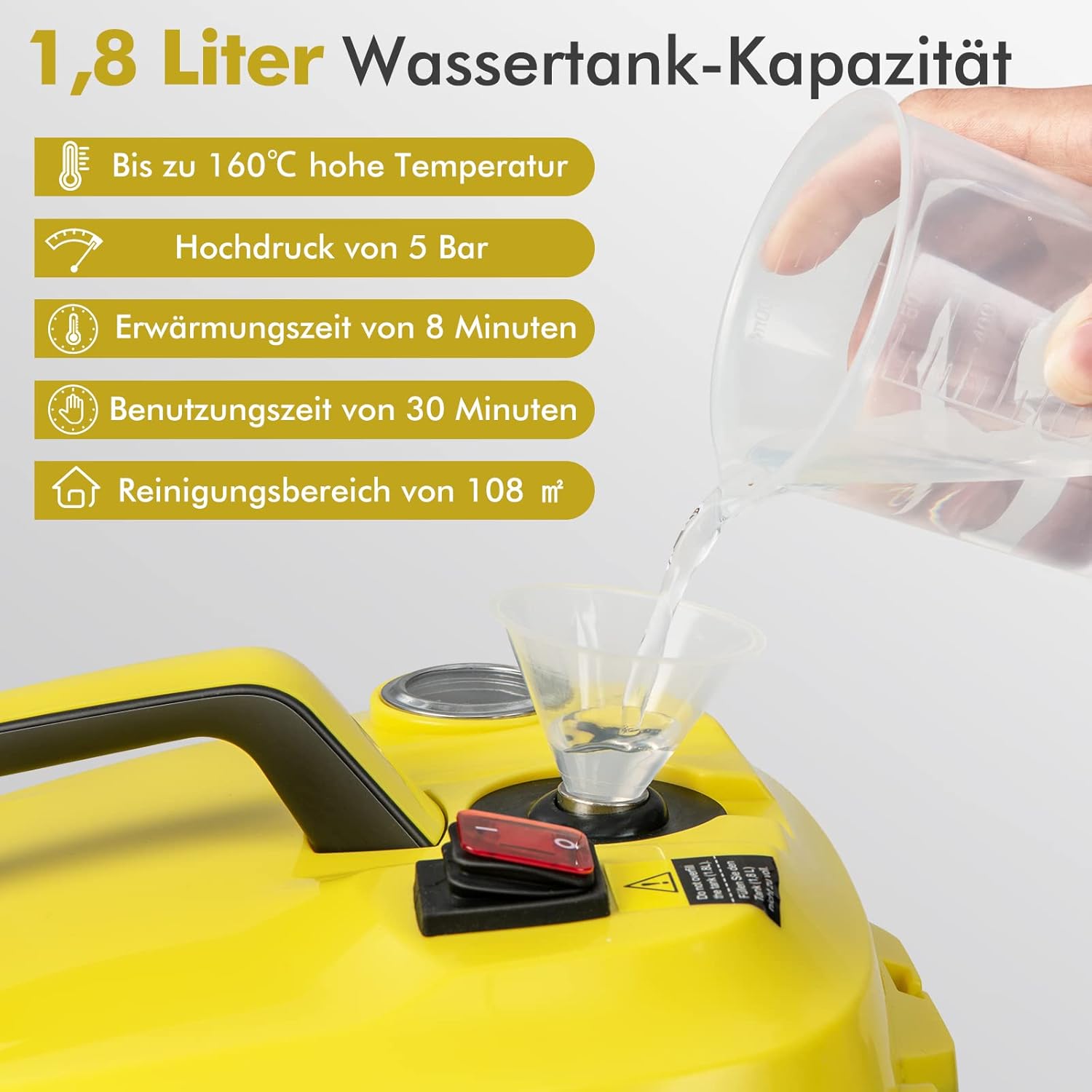 COSTWAY Dampfreiniger 2000W, Dampfdruck: max. 5 bar, Temperatur bis zu 160℃, Flächenleistung: 108 m², 1,8L Tank, Aufheizzeit: 8 Min., Dampfgeräte inkl. 13 Zubehör & 5m lange Netzkabel (Gelb)