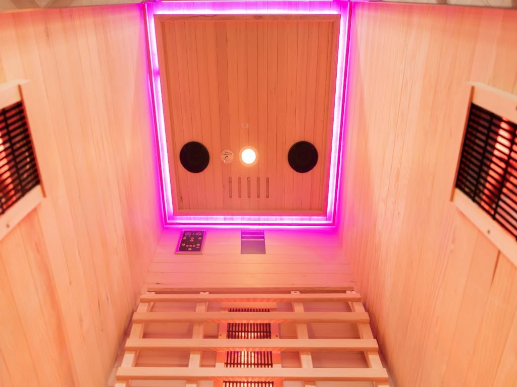 Infrarotkabine 1–2 Personen | Ganzglastür Klarglas | 90x100x195cm | Rubystrahler 1,3kW | Infrarotsauna für Zuhause | Fronteinstieg | Wärmekabine Indoor aus Holz Natur